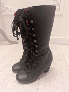 Demonia Vivika-205 Black Lace-Up Mid-Calf Heeled Boots